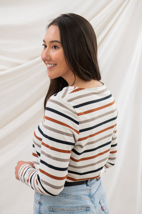 Lighthouse Causeway Long Sleeve Top Rust & Mocha Stripe