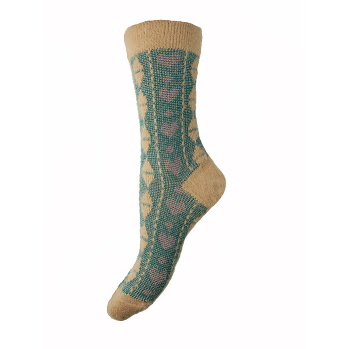 Joya Cream & Green Heart Patterned Wool Blend Socks